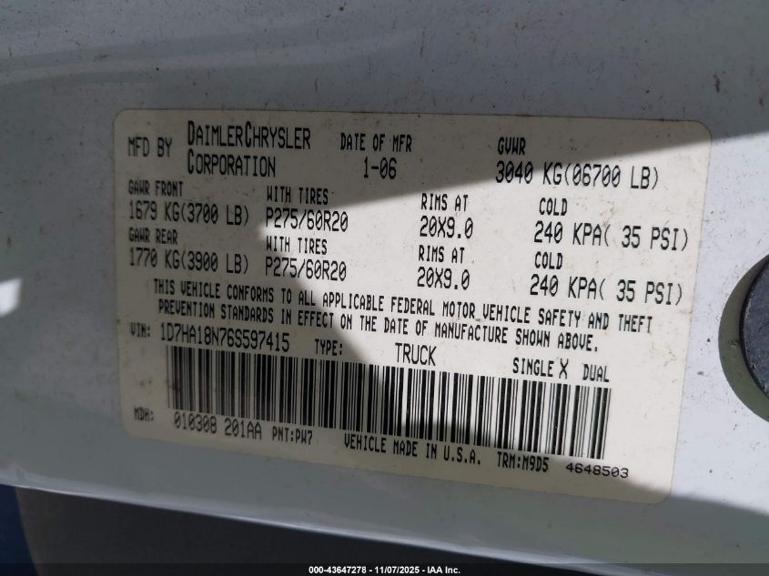 2006 Dodge Ram 1500 Slt VIN: 1D7HA18N76S597415 Lot: 43647278