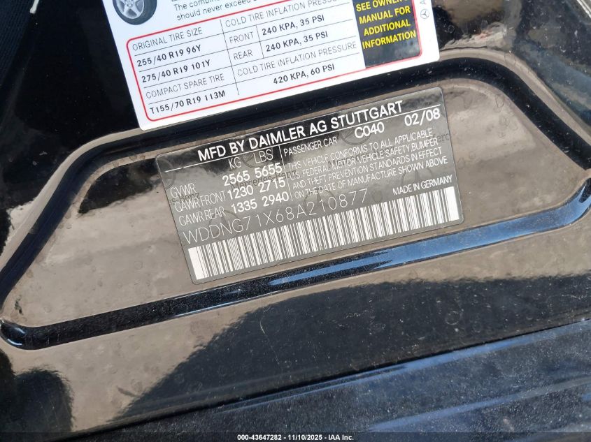 2008 Mercedes-Benz S 550 VIN: WDDNG71X68A210877 Lot: 43647282