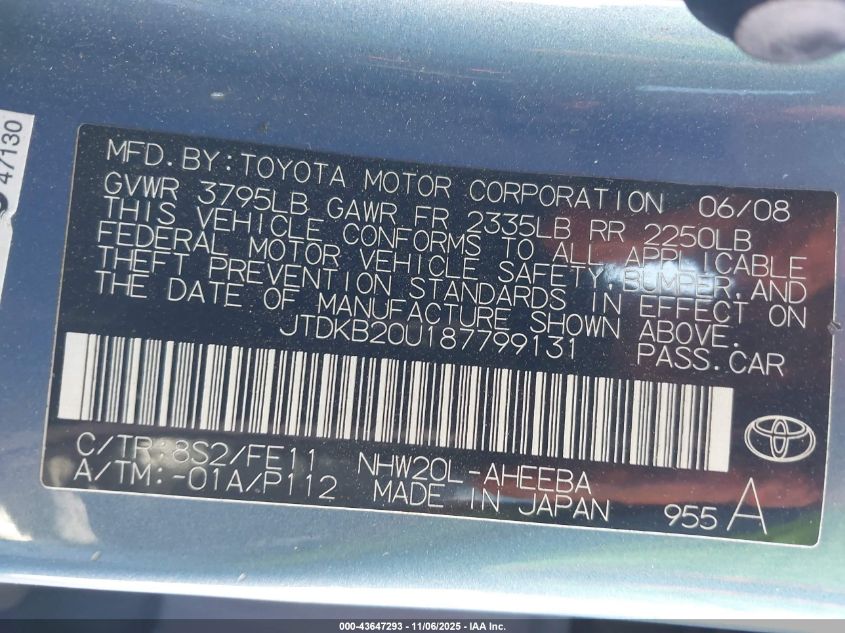 2008 Toyota Prius VIN: JTDKB20U187799131 Lot: 43647293