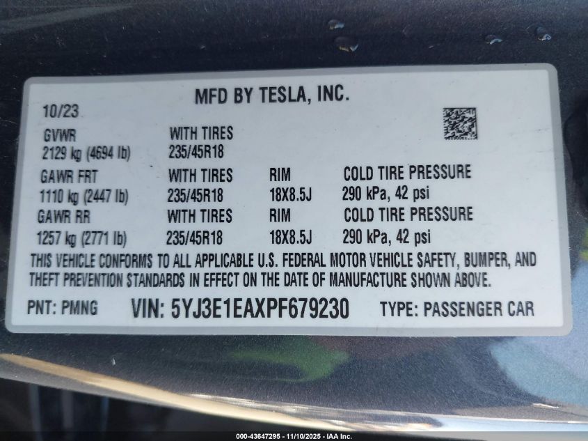 2023 Tesla Model 3 Rear-Wheel Drive VIN: 5YJ3E1EAXPF679230 Lot: 43647295
