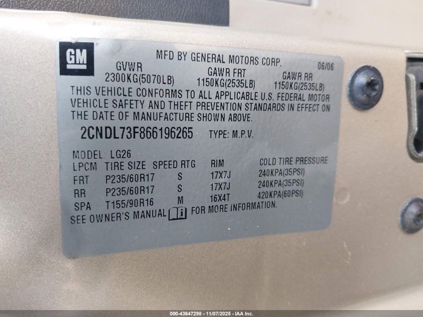 2006 Chevrolet Equinox Lt VIN: 2CNDL73F866196265 Lot: 43647298