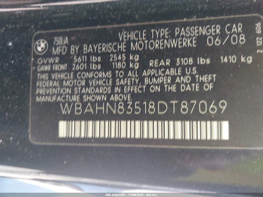WBAHN83518DT87069 2008 BMW 7ER photo no. 9