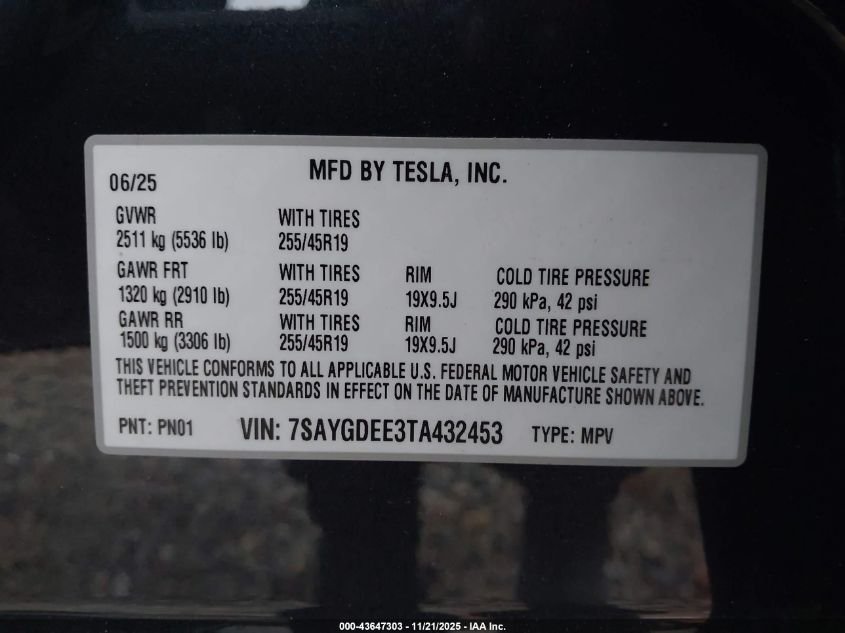 2026 Tesla Model Y Long Range Dual Motor All-Wheel Drive/Long Range Launch Series VIN: 7SAYGDEE3TA432453 Lot: 43647303
