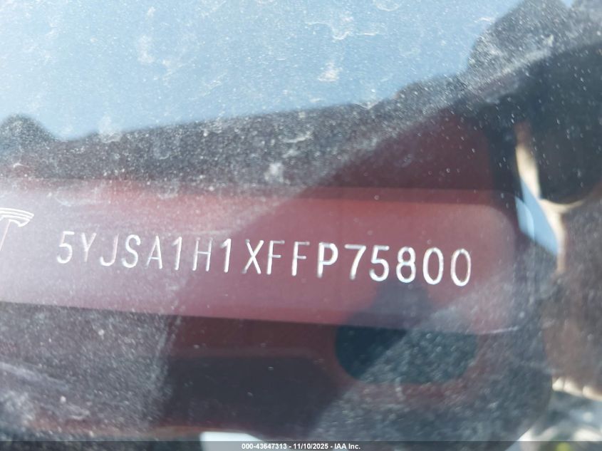 2015 Tesla Model S VIN: 5YJSA1H1XFFP75800 Lot: 43647313