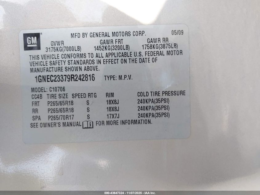 2009 Chevrolet Tahoe Lt1 VIN: 1GNEC23379R242816 Lot: 43647324