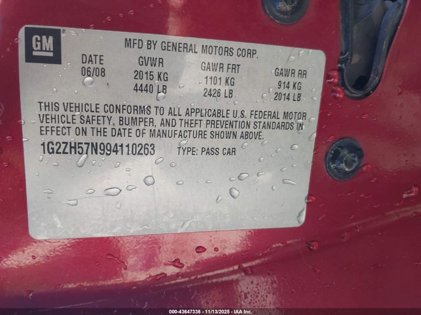 2009 Pontiac G6 Gt VIN: 1G2ZH57N994110263 Lot: 43647336