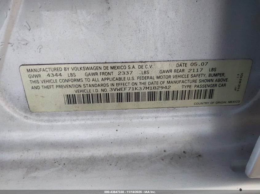 2007 Volkswagen Jetta Wolfsburg Edition VIN: 3VWEF71K37M182942 Lot: 43647338