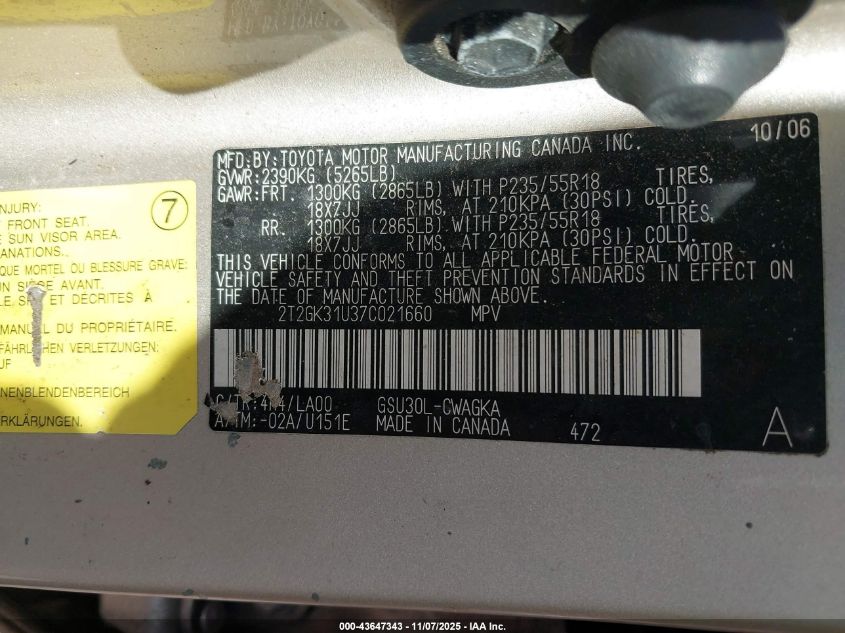 2007 Lexus Rx 350 VIN: 2T2GK31U37C021660 Lot: 43647343