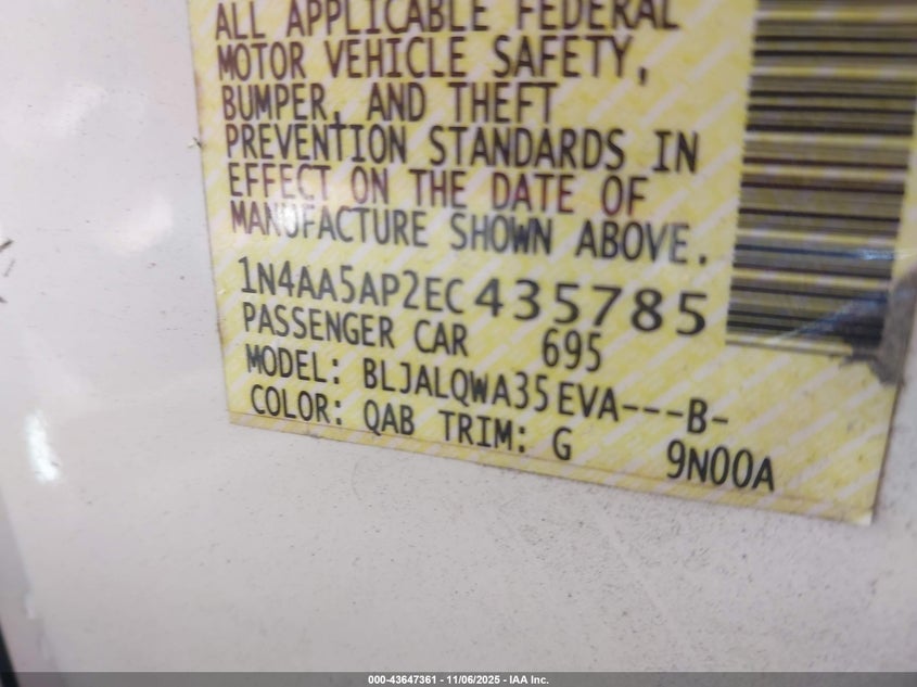 2014 Nissan Maxima 3.5 S VIN: 1N4AA5AP2EC435785 Lot: 43647361