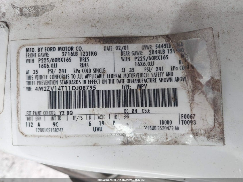 2001 Mercury Villager Estate VIN: 4M2ZV14T11DJ08795 Lot: 43647363