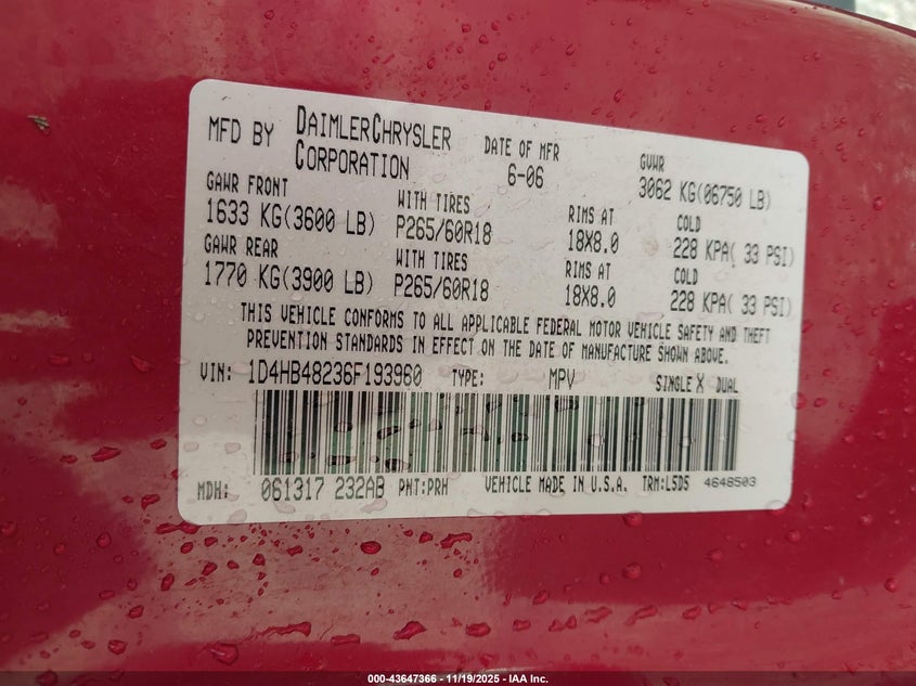 2006 Dodge Durango Slt VIN: 1D4HB48236F193960 Lot: 43647366