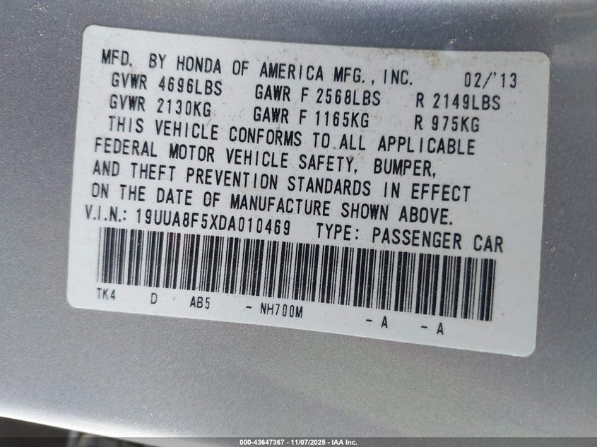 19UUA8F5XDA010469 2013 ACURA TL photo no. 9