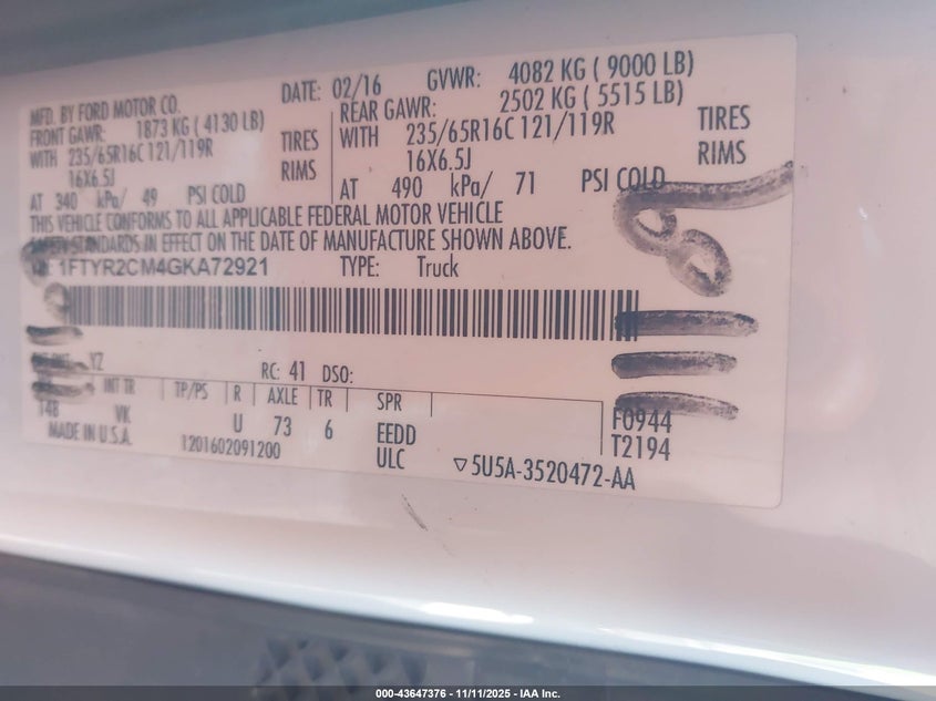 2016 Ford Transit-250 VIN: 1FTYR2CM4GKA72921 Lot: 43647376