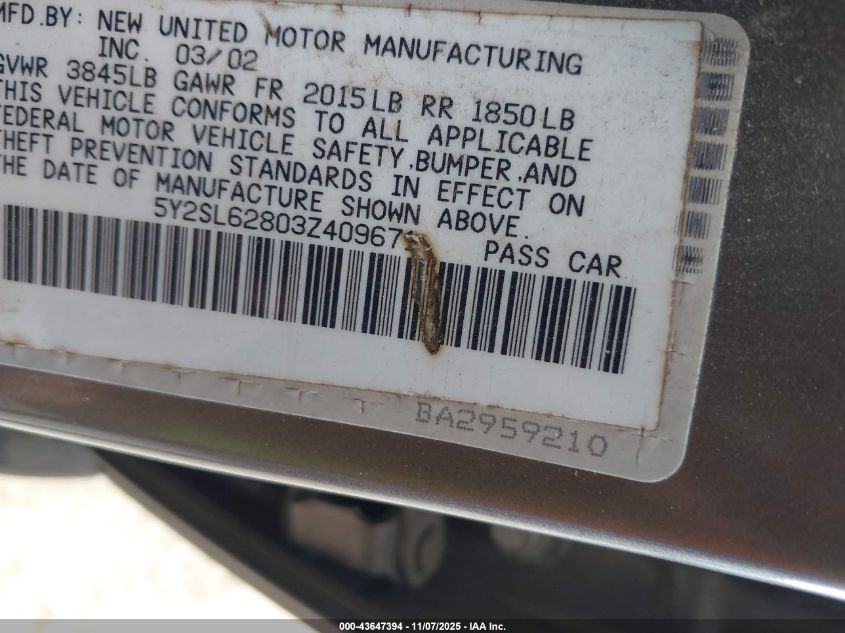 2003 Pontiac Vibe VIN: 5Y2SL62803Z409671 Lot: 43647394