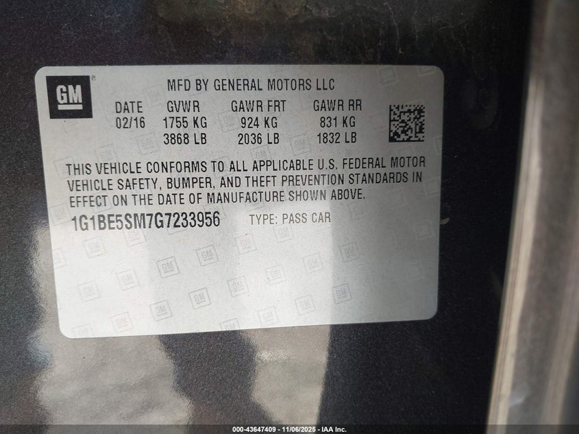 1G1BE5SM7G7233956 2016 CHEVROLET CRUZE photo no. 9