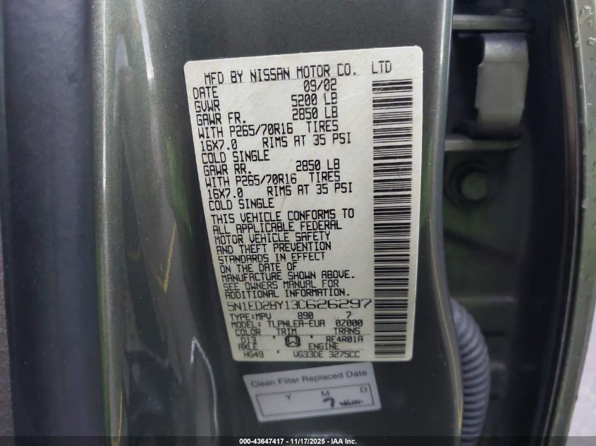 2003 Nissan Xterra Xe VIN: 5N1ED28Y13C626297 Lot: 43647417