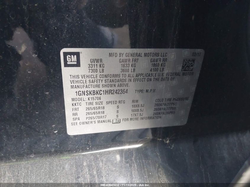 2017 Chevrolet Tahoe Lt VIN: 1GNSKBKC1HR242364 Lot: 43647432