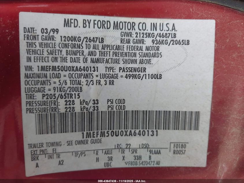 1999 Mercury Sable Gs VIN: 1MEFM50U0XA640131 Lot: 43647436