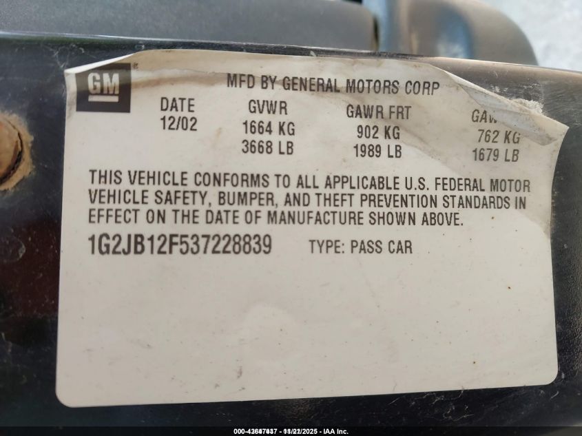 2003 Pontiac Sunfire VIN: 1G2JB12F537228839 Lot: 43647437