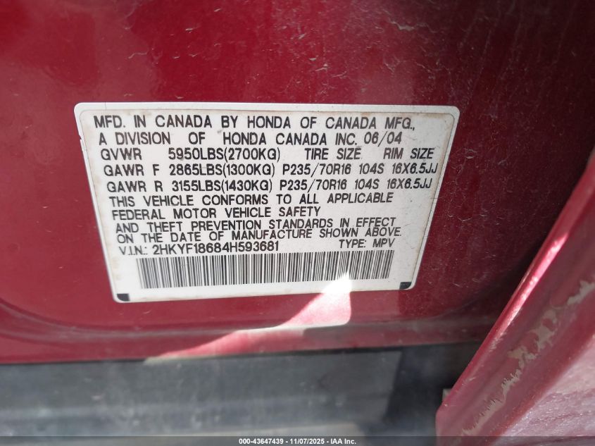 2004 Honda Pilot Ex-L VIN: 2HKYF18684H593681 Lot: 43647439