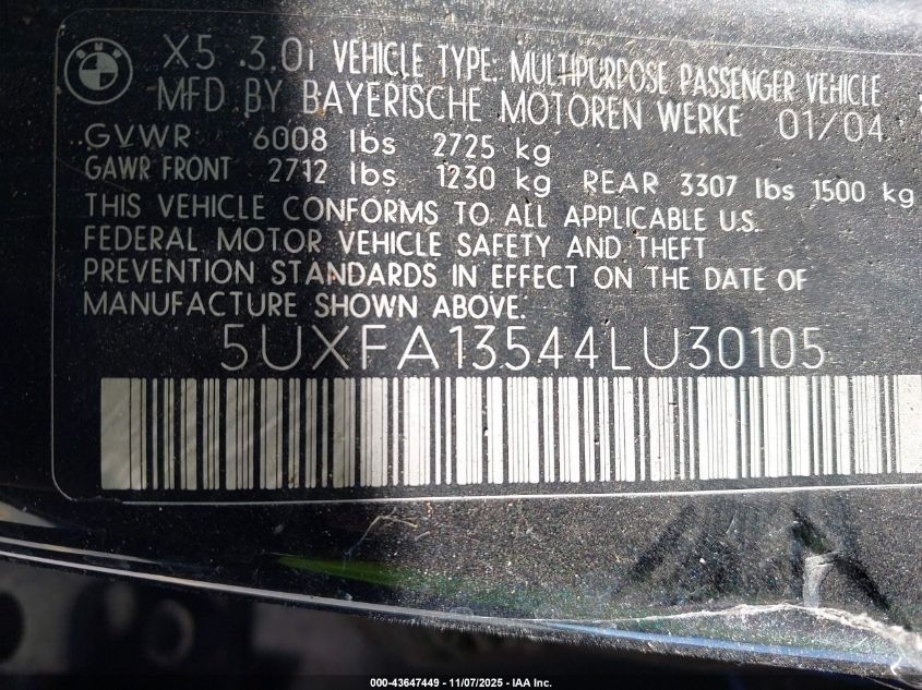 2004 BMW X5 3.0I VIN: 5UXFA13544LU30105 Lot: 43647449