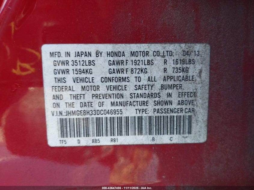 2013 HONDA FIT - JHMGE8H33DC046955