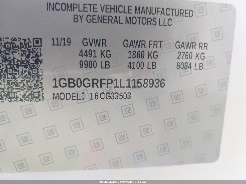 2020 Chevrolet Express Cutaway Work Van VIN: 1GB0GRFP1L1158936 Lot: 43647457