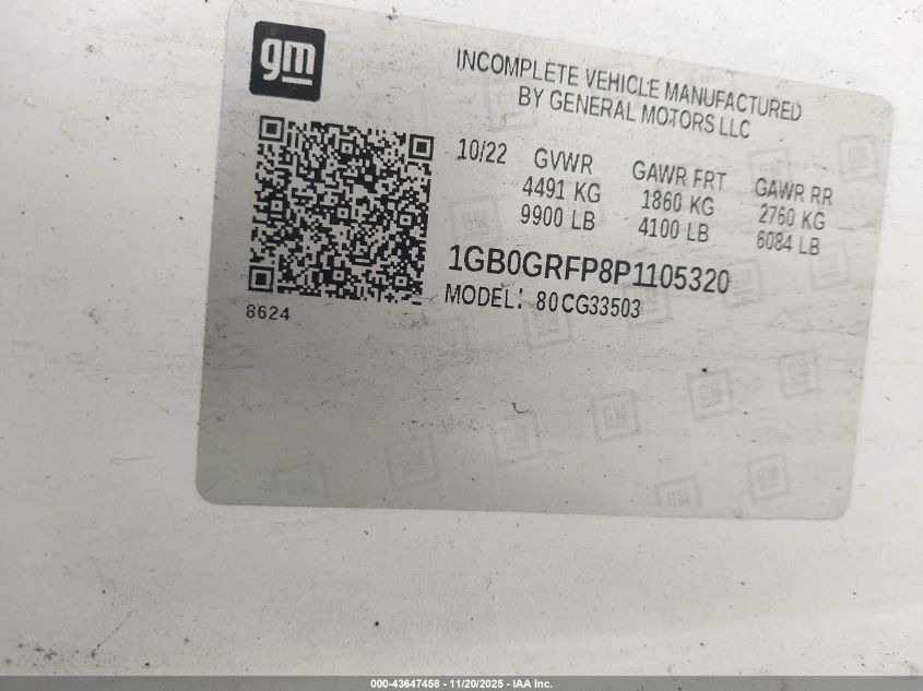 2023 Chevrolet Express Cutaway Work Van VIN: 1GB0GRFP8P1105320 Lot: 43647458