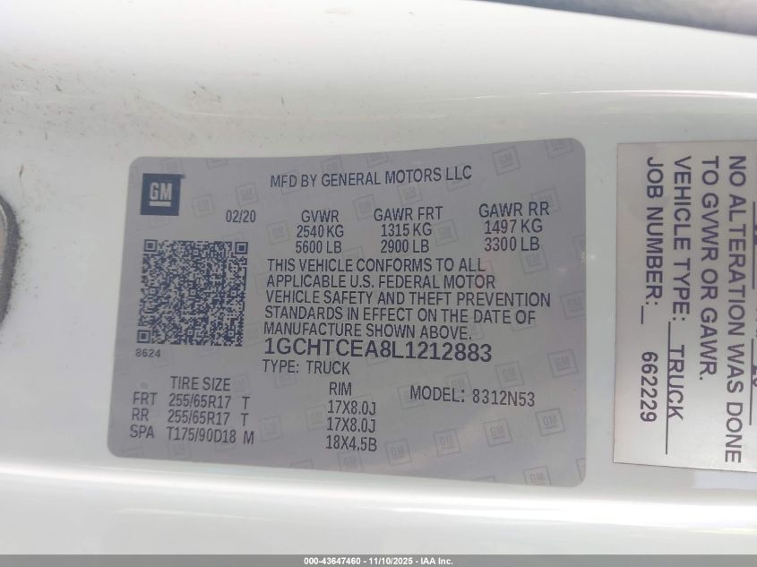 2020 Chevrolet Colorado 4Wd Long Box Lt VIN: 1GCHTCEA8L1212883 Lot: 43647460