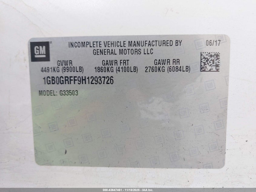 2017 Chevrolet Express Cutaway Work Van VIN: 1GB0GRFF9H1293726 Lot: 43647461