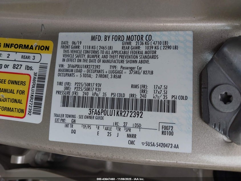 2019 FORD FUSION HYBRID SE - 3FA6P0LU1KR272392