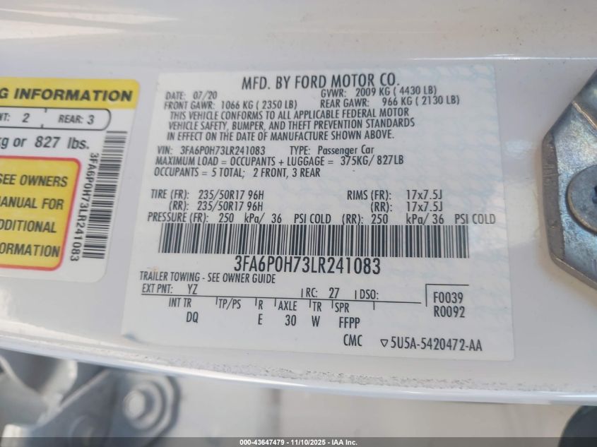 2020 Ford Fusion Se VIN: 3FA6P0H73LR241083 Lot: 43647479