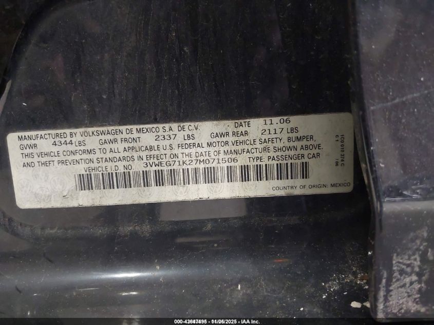 2007 Volkswagen Jetta Wolfsburg Edition VIN: 3VWEG71K27M071506 Lot: 43647495
