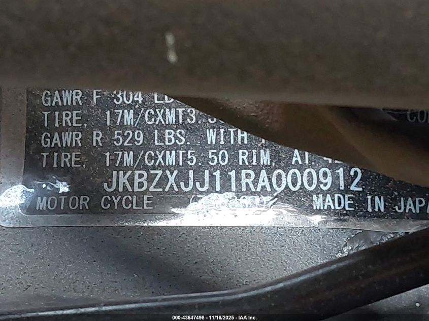 2024 Kawasaki Zx636 K VIN: JKBZXJJ11RA000912 Lot: 43647498