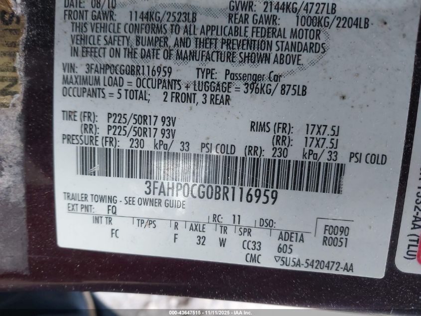 2011 Ford Fusion Sel VIN: 3FAHP0CG0BR116959 Lot: 43647515