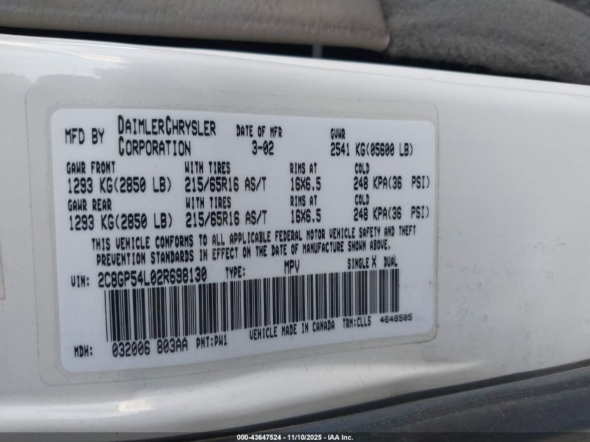 2002 Chrysler Town & Country Lxi VIN: 2C8GP54L02R698130 Lot: 43647524