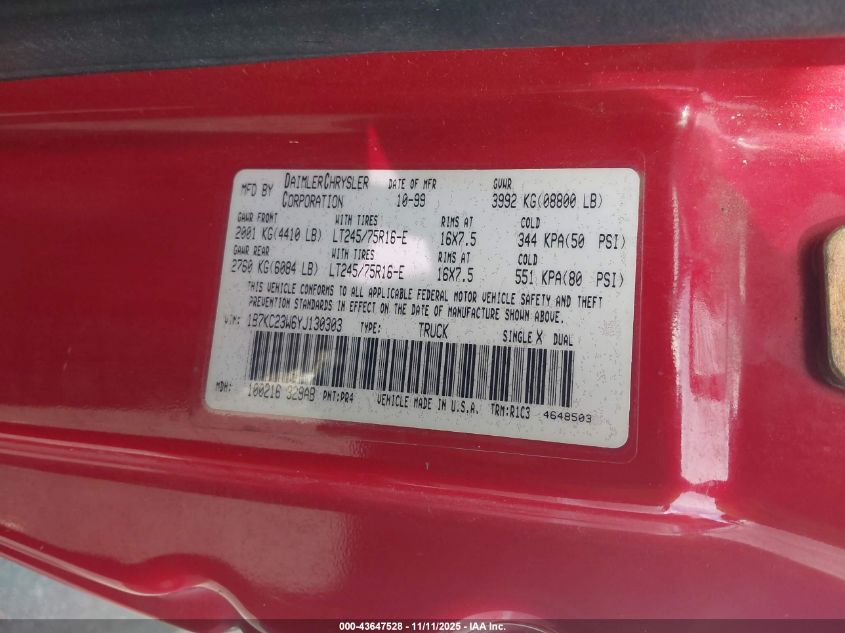2000 Dodge Ram 2500 St VIN: 1B7KC23W6YJ130303 Lot: 43647528