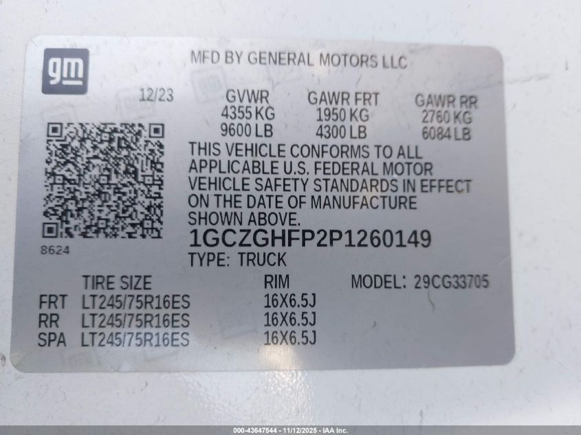 2023 Chevrolet Express Cargo Rwd 3500 Extended Wheelbase Wt VIN: 1GCZGHFP2P1260149 Lot: 43647544