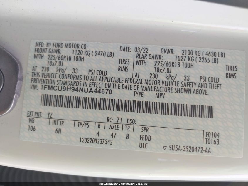 2022 Ford Escape Sel VIN: 1FMCU9H94NUA44670 Lot: 43647553