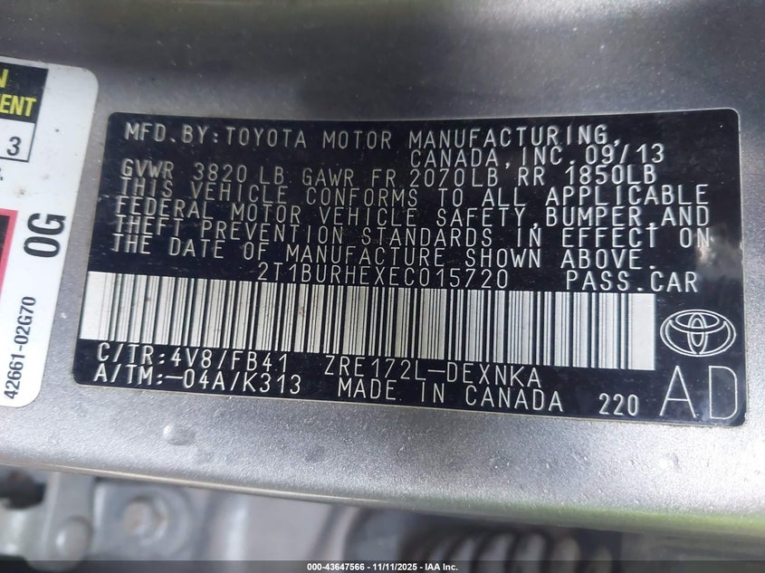 2T1BURHEXEC015720 2014 TOYOTA COROLLA photo no. 9