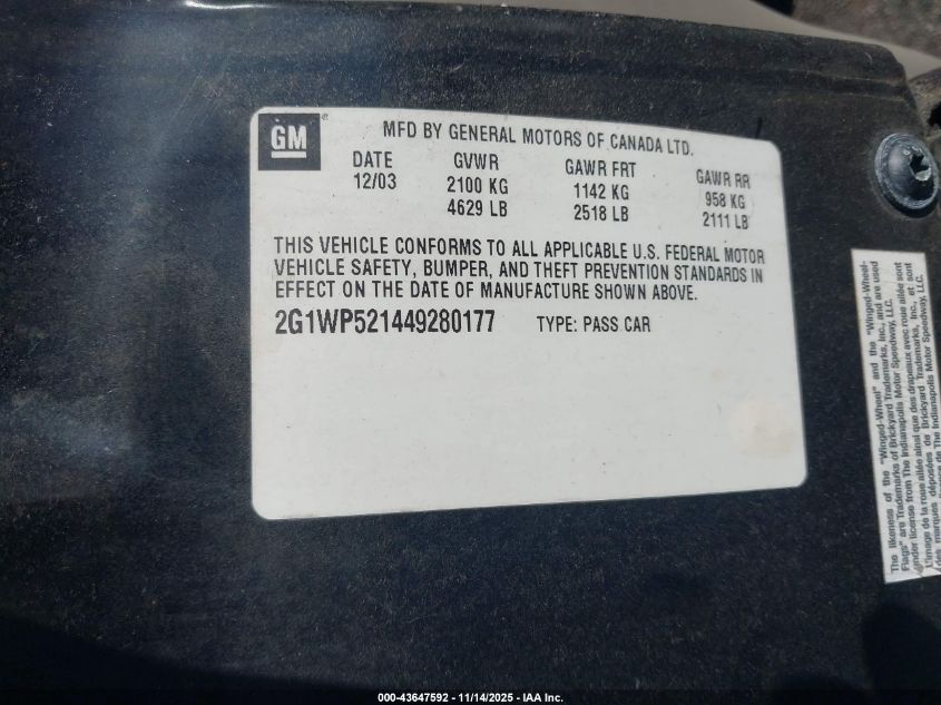 2004 Chevrolet Impala Ss Supercharged VIN: 2G1WP521449280177 Lot: 43647592