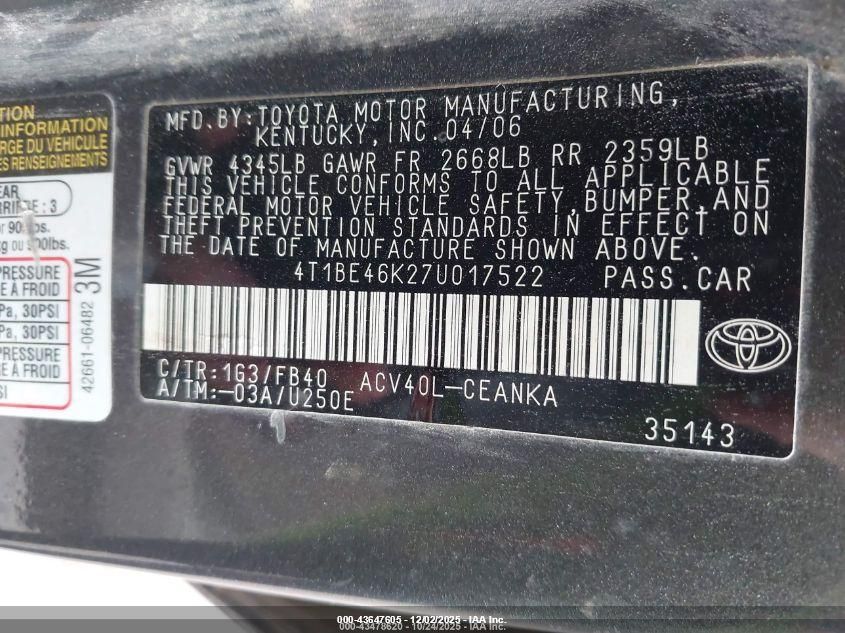 2007 Toyota Camry Ce/Le/Se/Xle VIN: 4T1BE46K274017522 Lot: 43647605