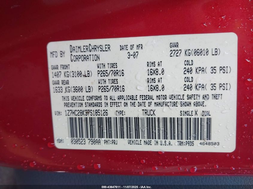 2007 Mitsubishi Raider Ls VIN: 1Z7HC28K37S185126 Lot: 43647611