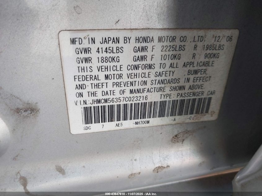 2007 Honda Accord 2.4 Se VIN: JHMCM56357C023216 Lot: 43647618