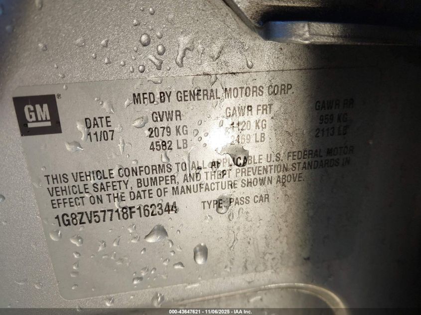 2008 Saturn Aura Xr VIN: 1G8ZV57718F162344 Lot: 43647621