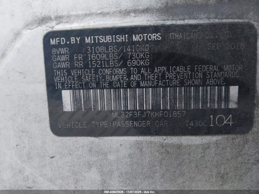 2019 Mitsubishi Mirage G4 Es VIN: ML32F3FJ7KHF01857 Lot: 43647626