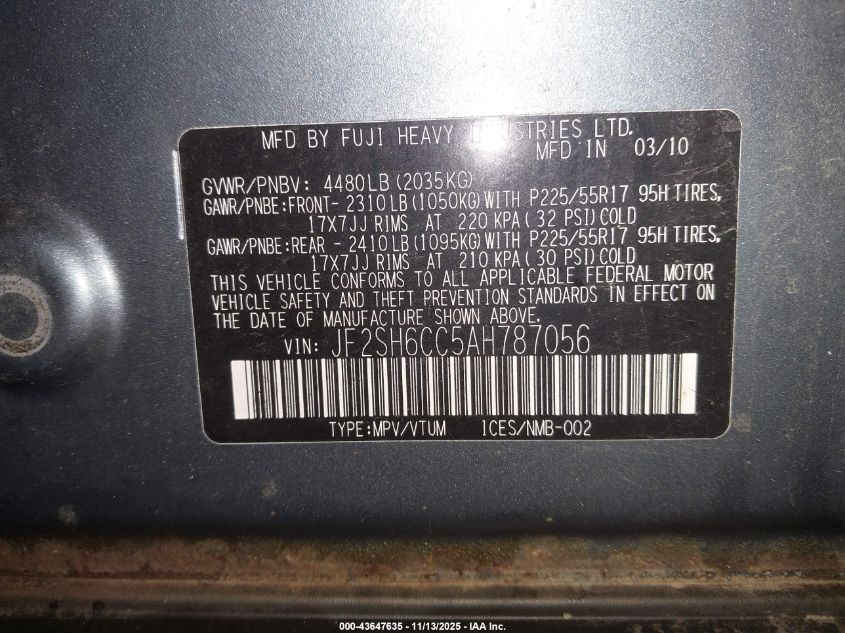 2010 Subaru Forester 2.5X Premium VIN: JF2SH6CC5AH787056 Lot: 43647635