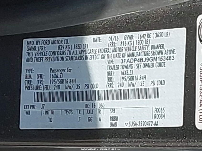 2016 Ford Fiesta Se VIN: 3FADP4BJ9GM153483 Lot: 43647645