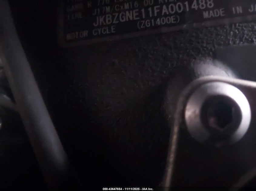 2015 Kawasaki Zg1400 E VIN: JKBZGNE11FA001488 Lot: 43647654