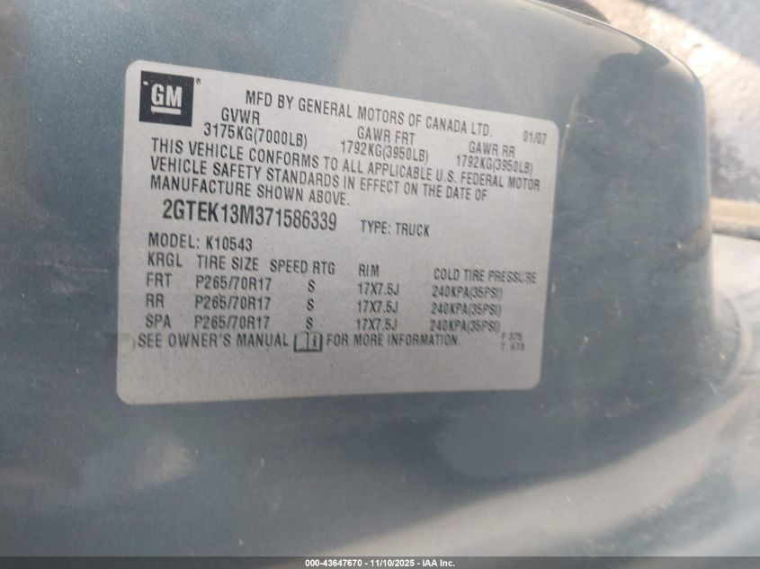 2007 GMC Sierra 1500 Sle1 VIN: 2GTEK13M371586339 Lot: 43647670